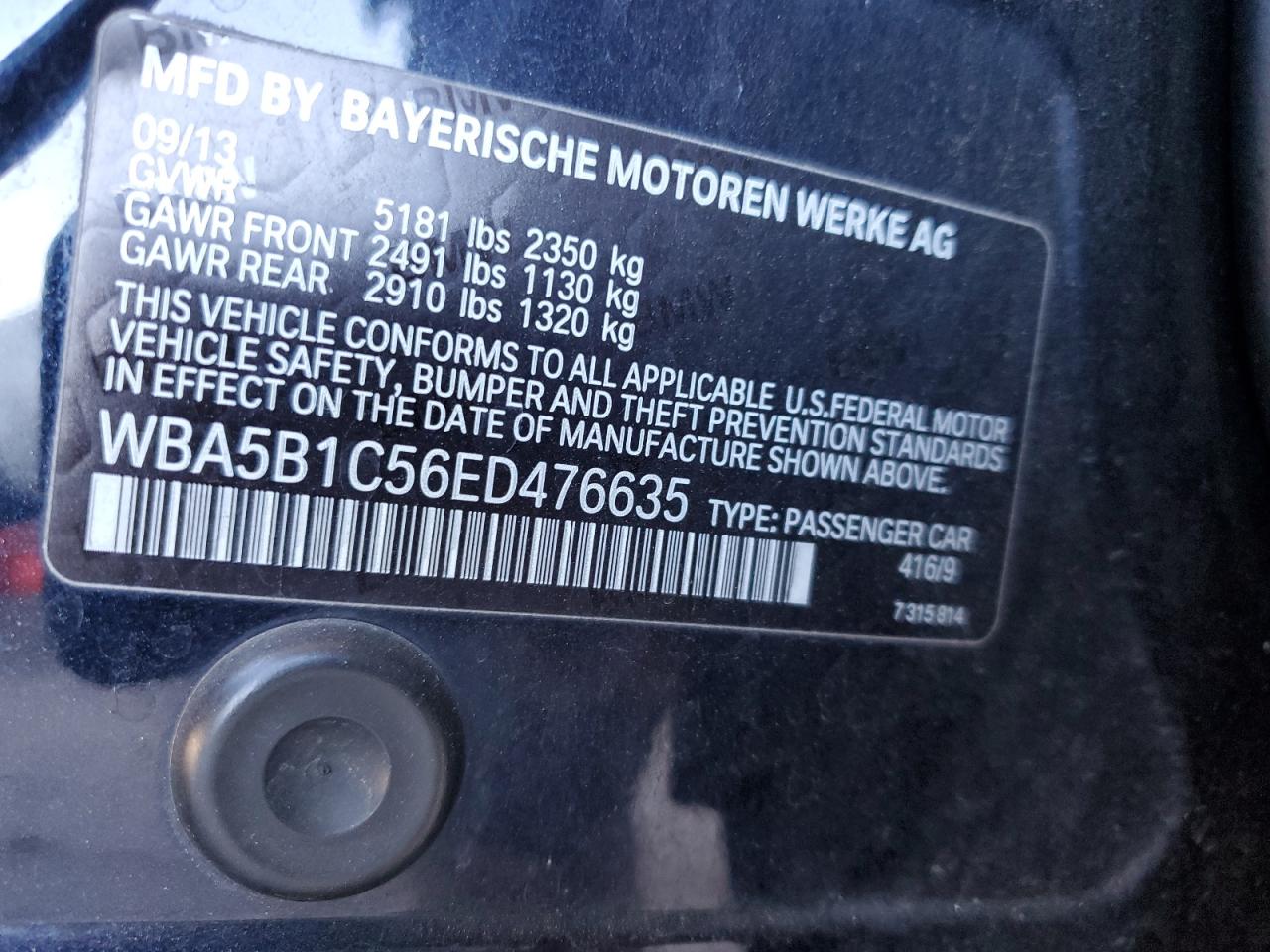 2014 BMW 535 I VIN: WBA5B1C56ED476635 Lot: 92602855