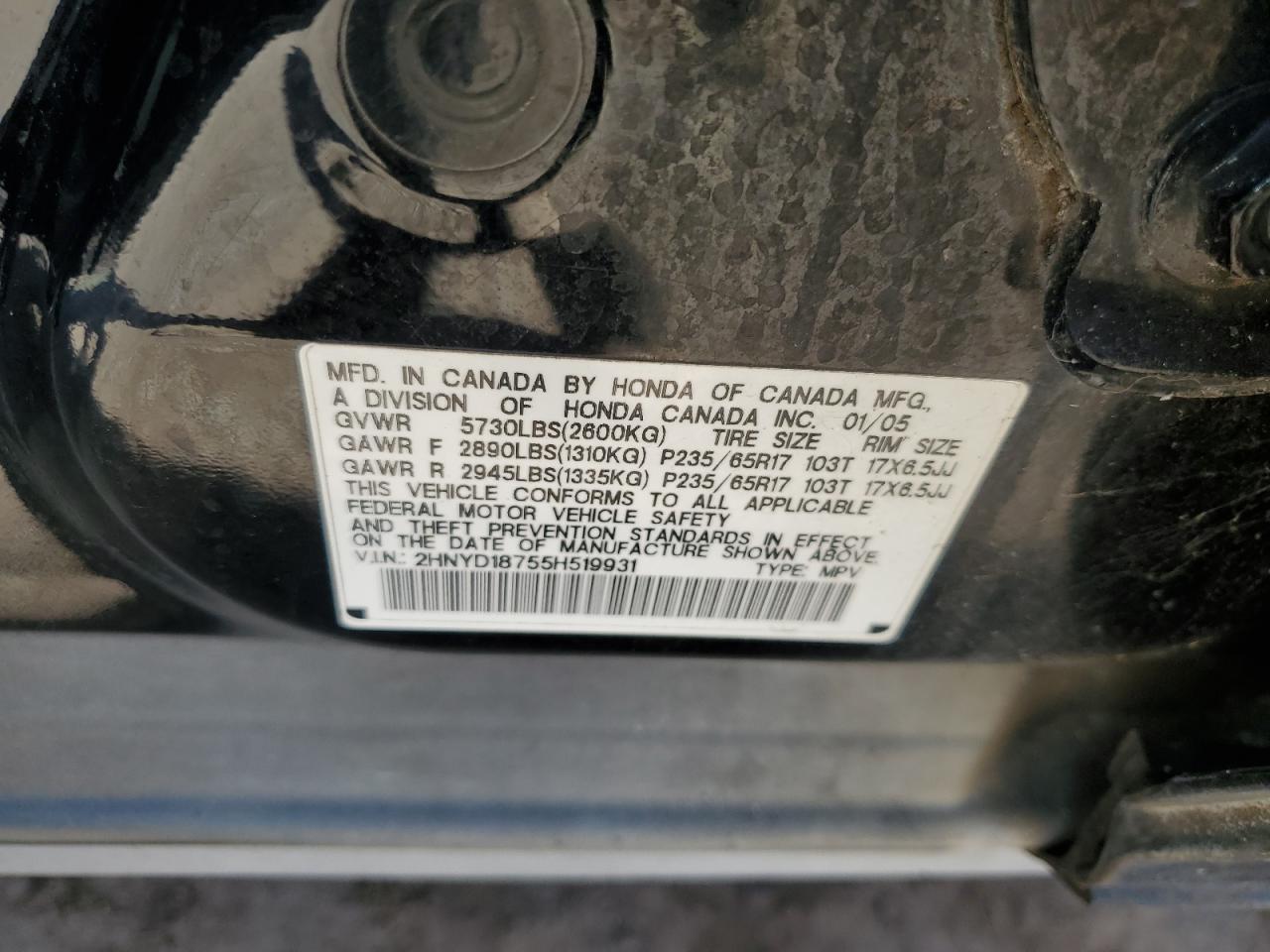 2005 Acura Mdx Touring VIN: 2HNYD18755H519931 Lot: 91093175