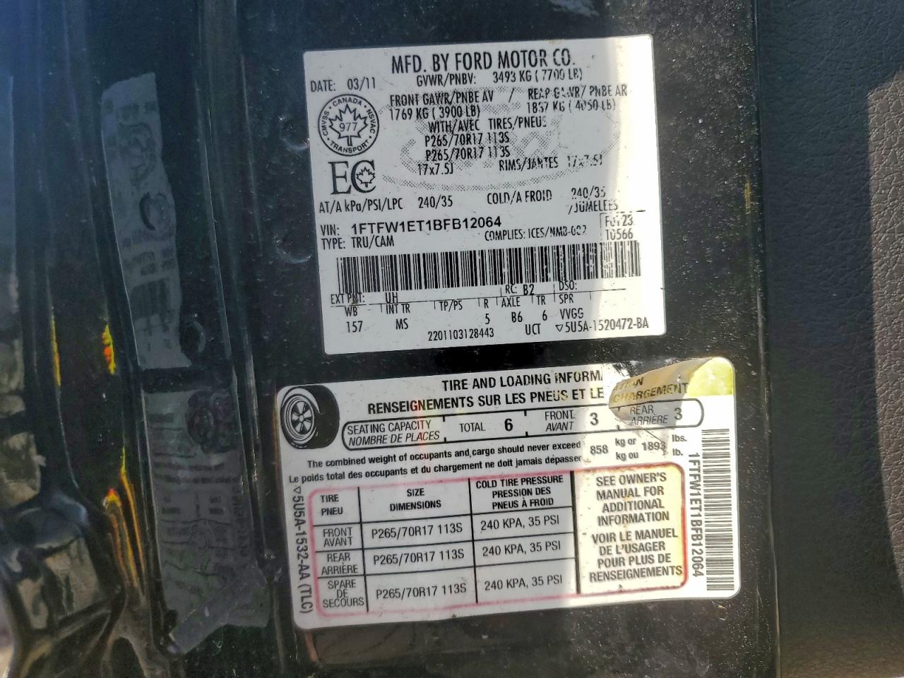 2011 Ford F150 Supercrew VIN: 1FTFW1ET1BFB12064 Lot: 93783755