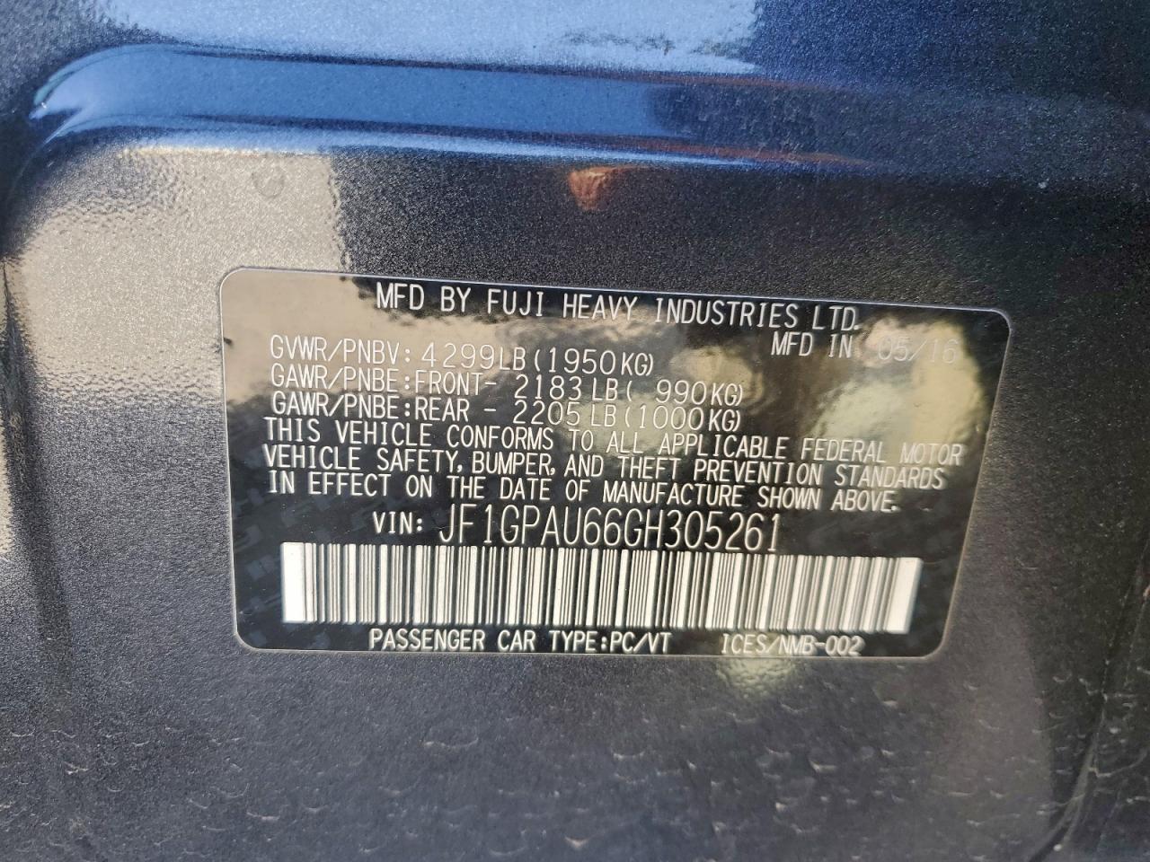 2016 Subaru Impreza Sport Limited VIN: JF1GPAU66GH305261 Lot: 94324695