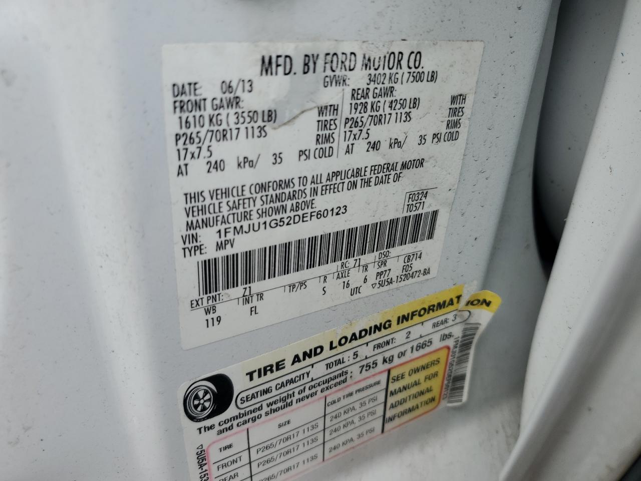 2013 Ford Expedition Xl VIN: 1FMJU1G52DEF60123 Lot: 92258645