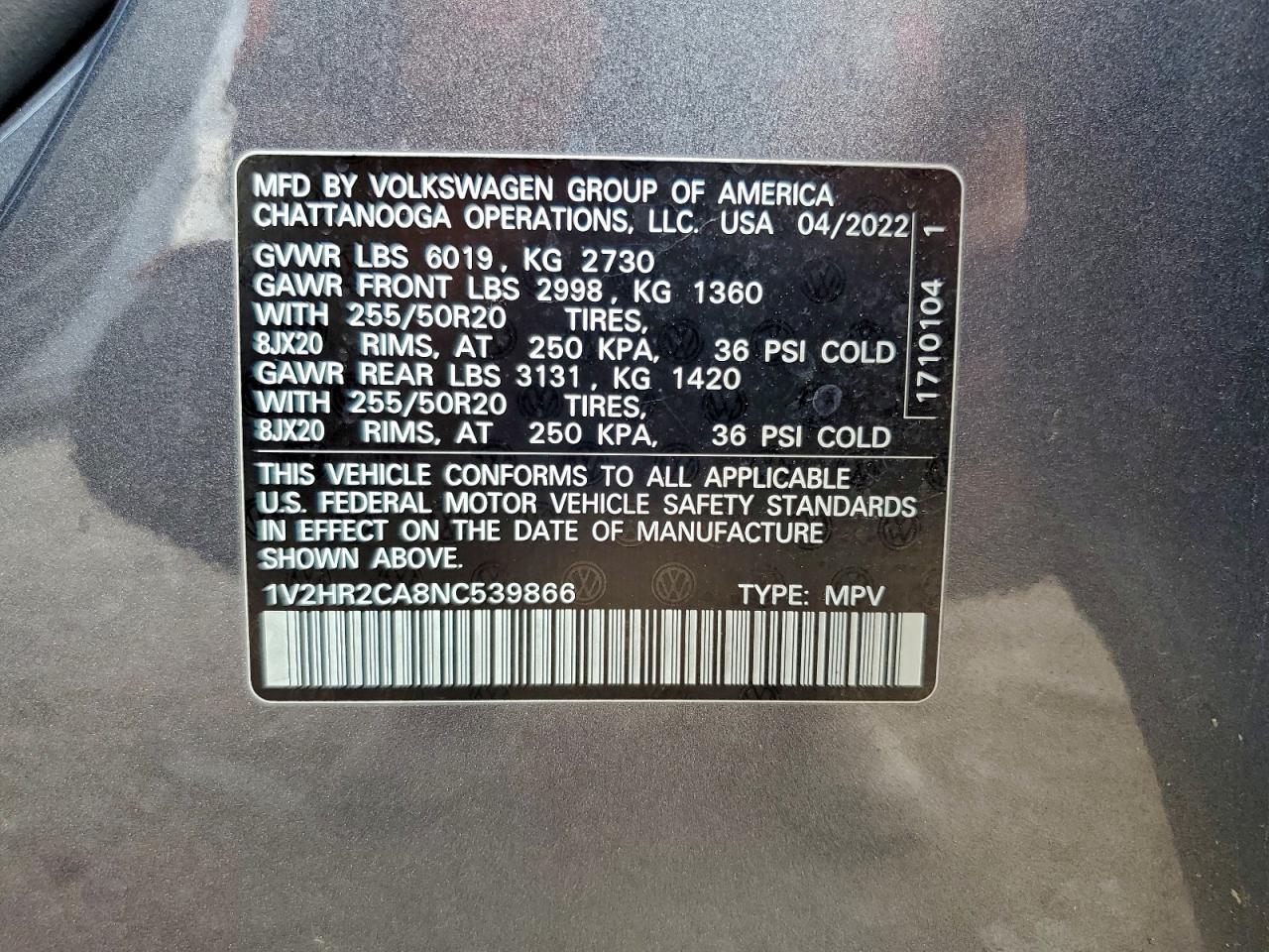 2022 Volkswagen Atlas Se VIN: 1V2HR2CA8NC539866 Lot: 93243275