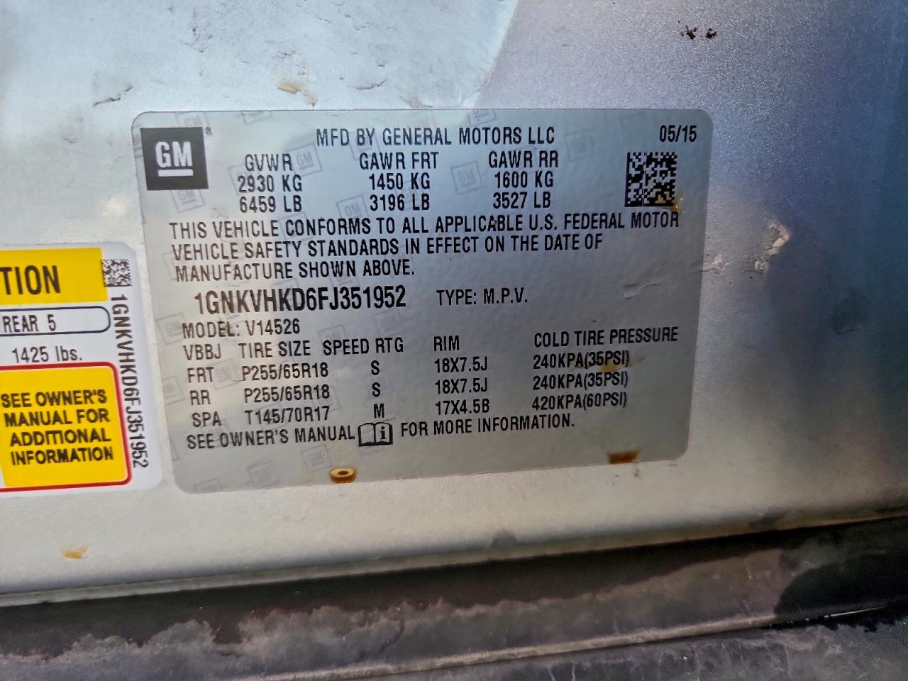 2015 Chevrolet Traverse Lt VIN: 1GNKVHKD6FJ351952 Lot: 93461655