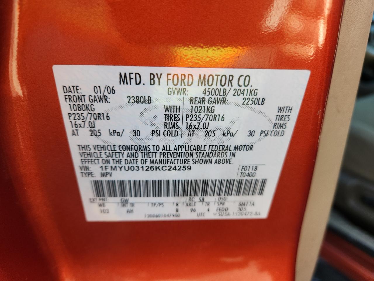 2006 Ford Escape Xlt VIN: 1FMYU03126KC24259 Lot: 91302325