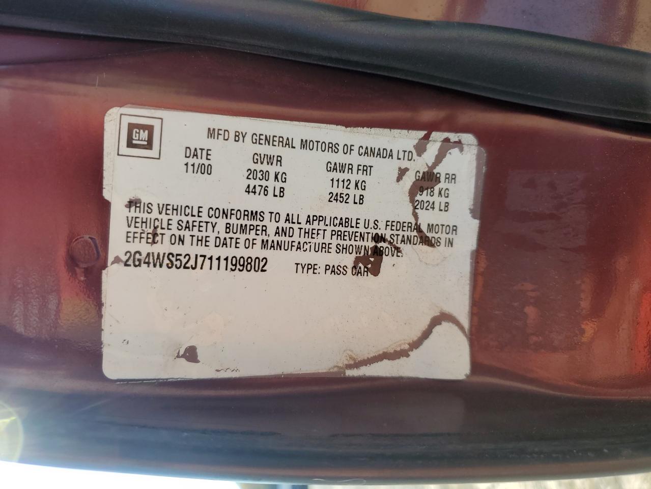 2001 Buick Century Custom VIN: 2G4WS52J711199802 Lot: 91453705