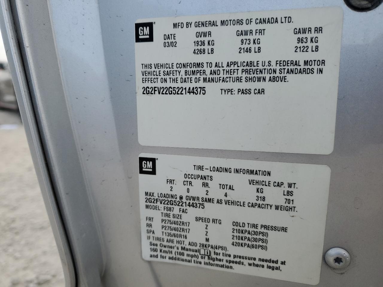 2002 Pontiac Firebird Formula VIN: 2G2FV22G522144375 Lot: 91778195