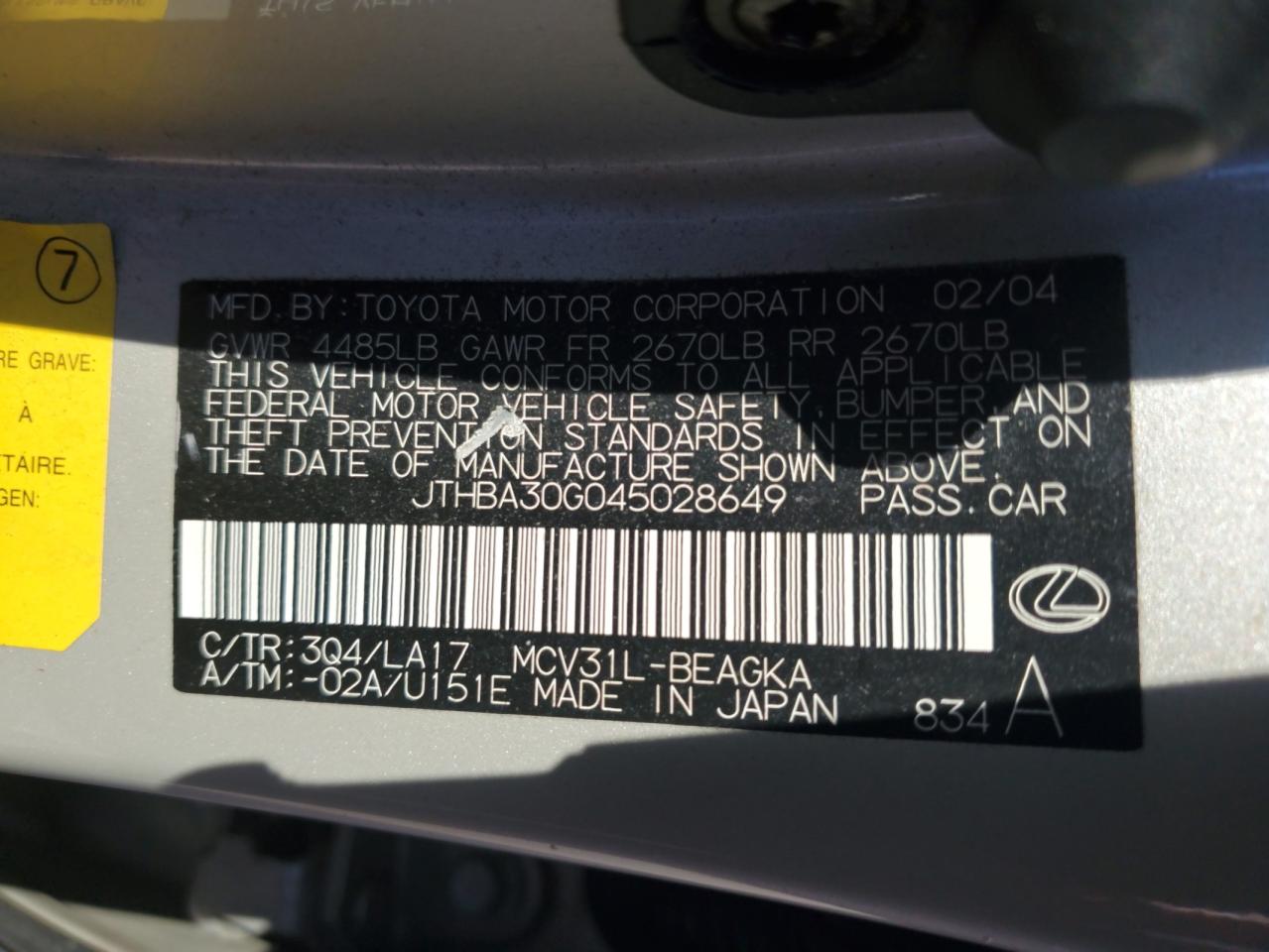 2004 Lexus Es 330 VIN: JTHBA30G045028649 Lot: 90481705