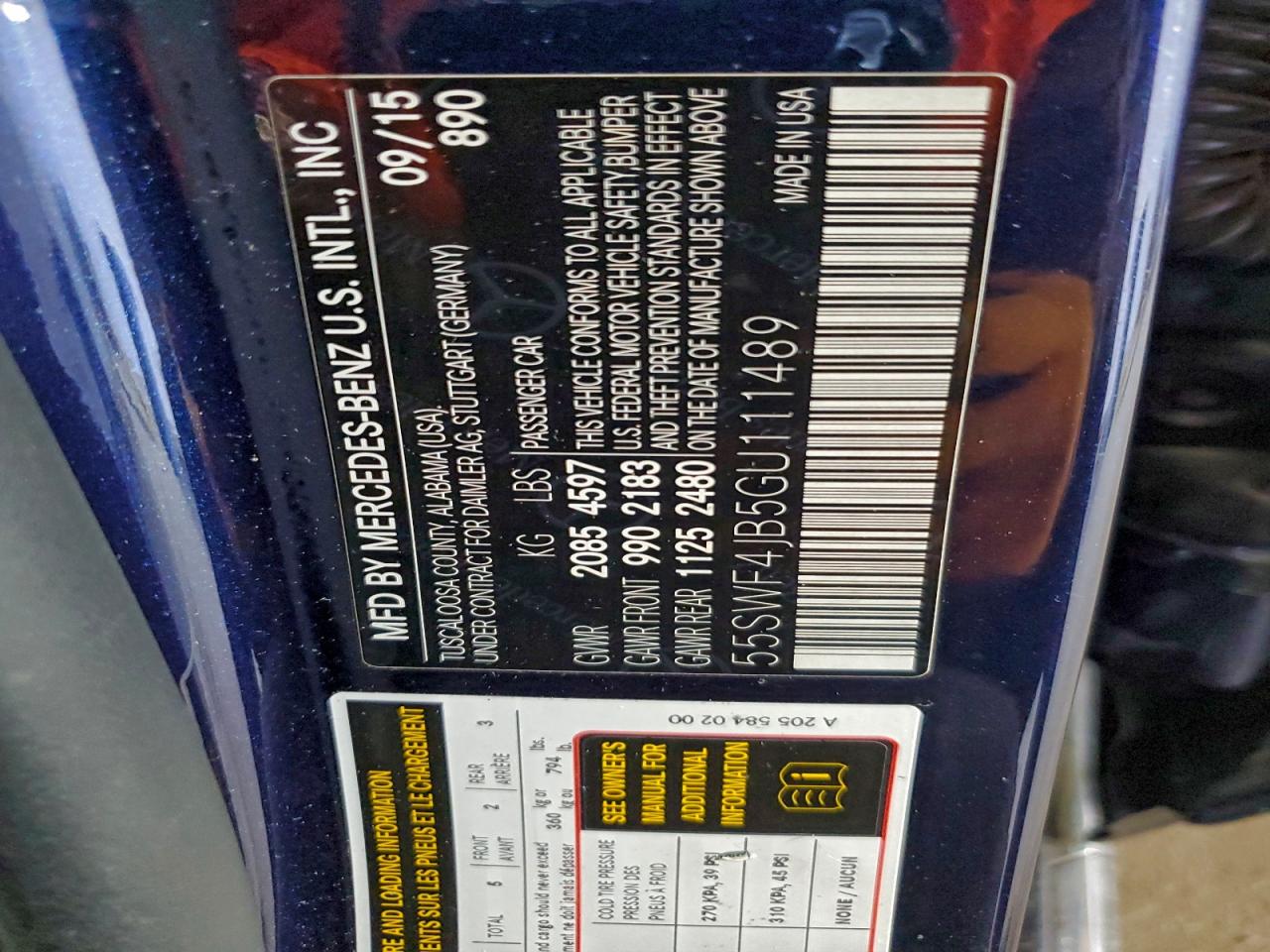 2016 Mercedes-Benz C 300 VIN: 55SWF4JB5GU111489 Lot: 94555765