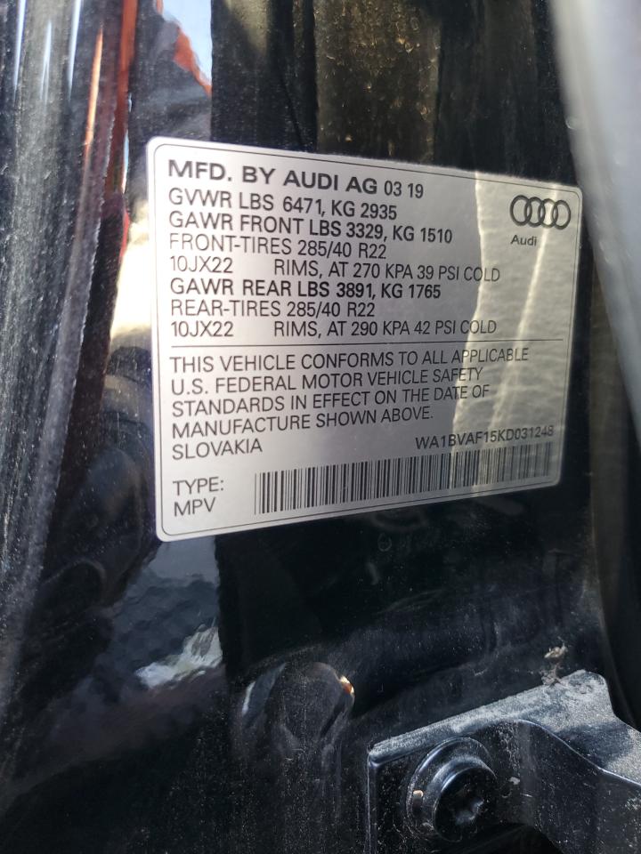 2019 Audi Q8 Premium Plus VIN: WA1BVAF15KD031248 Lot: 91827285