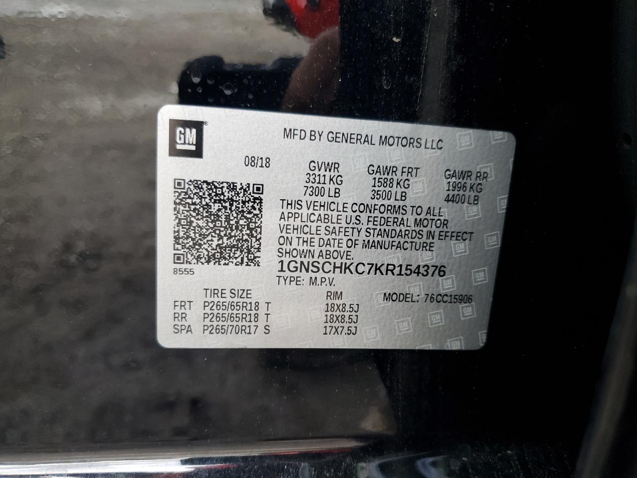 2019 Chevrolet Suburban C1500 Lt VIN: 1GNSCHKC7KR154376 Lot: 93714755