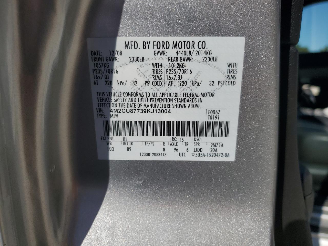 2009 Mercury Mariner Premier VIN: 4M2CU87739KJ13004 Lot: 91125435