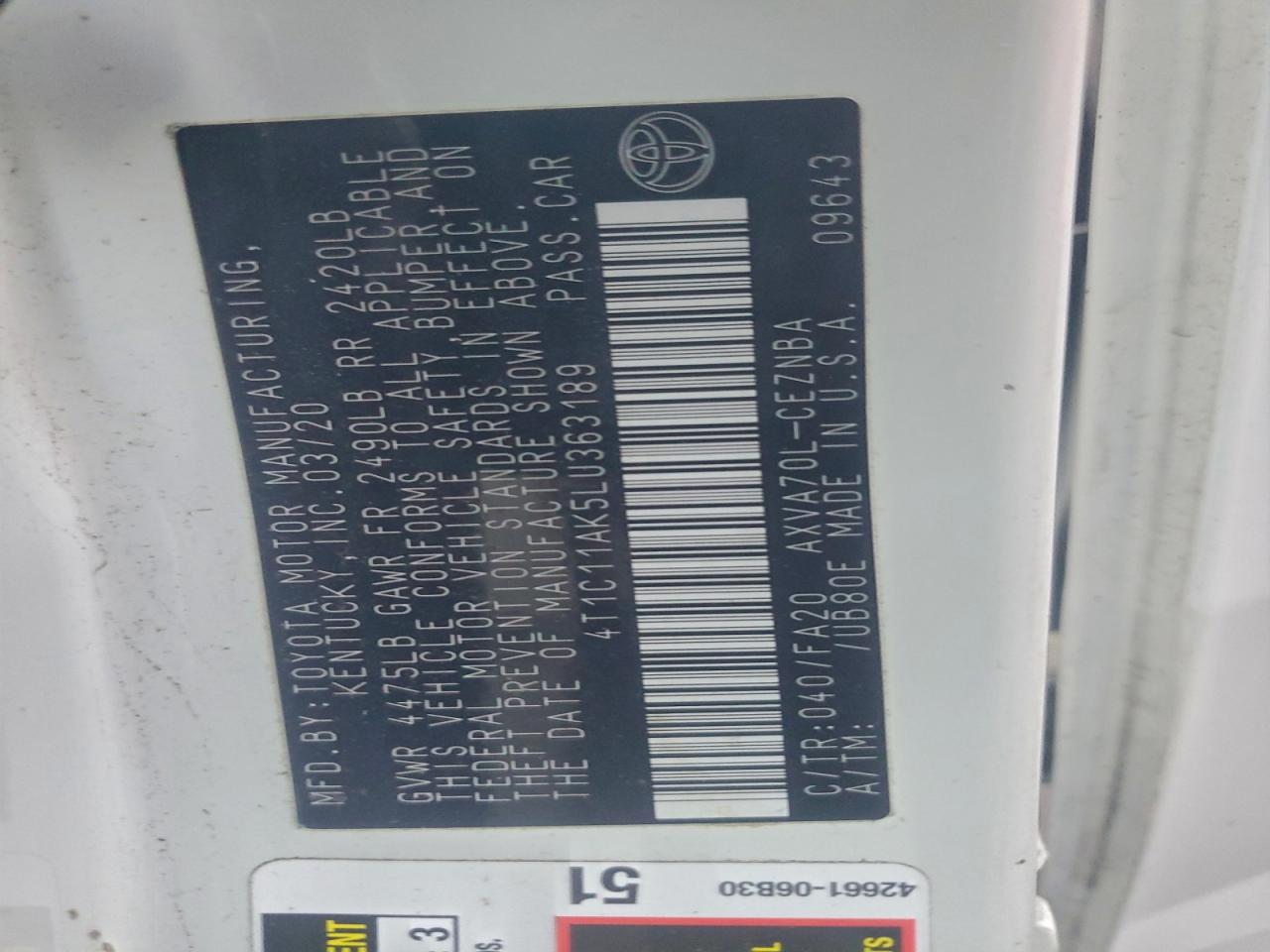 2020 Toyota Camry Le VIN: 4T1C11AK5LU363189 Lot: 94967725