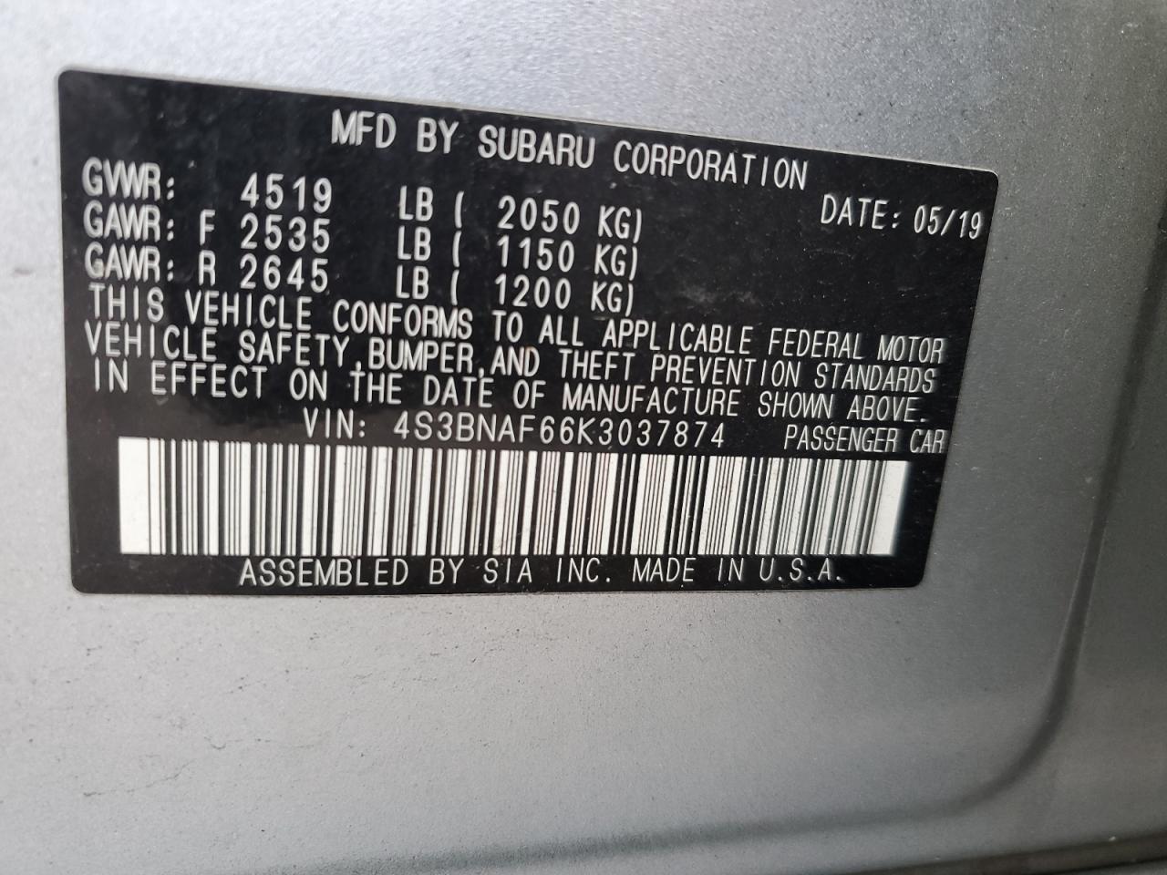 2019 Subaru Legacy 2.5I Premium VIN: 4S3BNAF66K3037874 Lot: 91882145