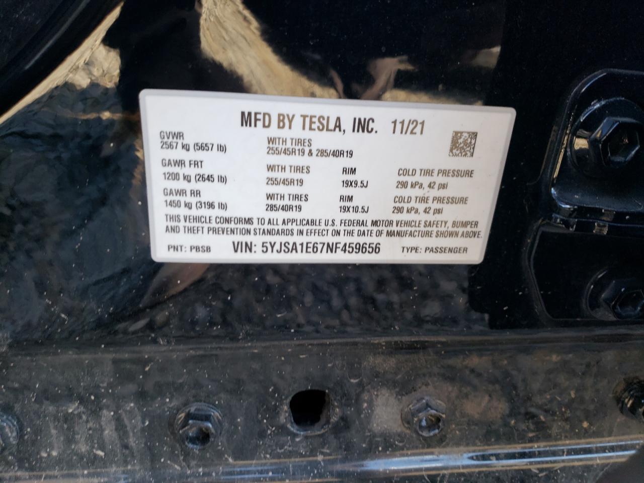 2022 Tesla Model S VIN: 5YJSA1E67NF459656 Lot: 92873825