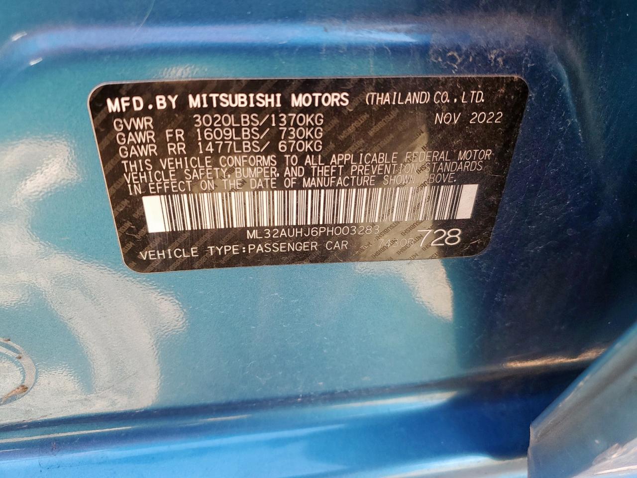 2023 Mitsubishi Mirage Es VIN: ML32AUHJ6PH003283 Lot: 92367755