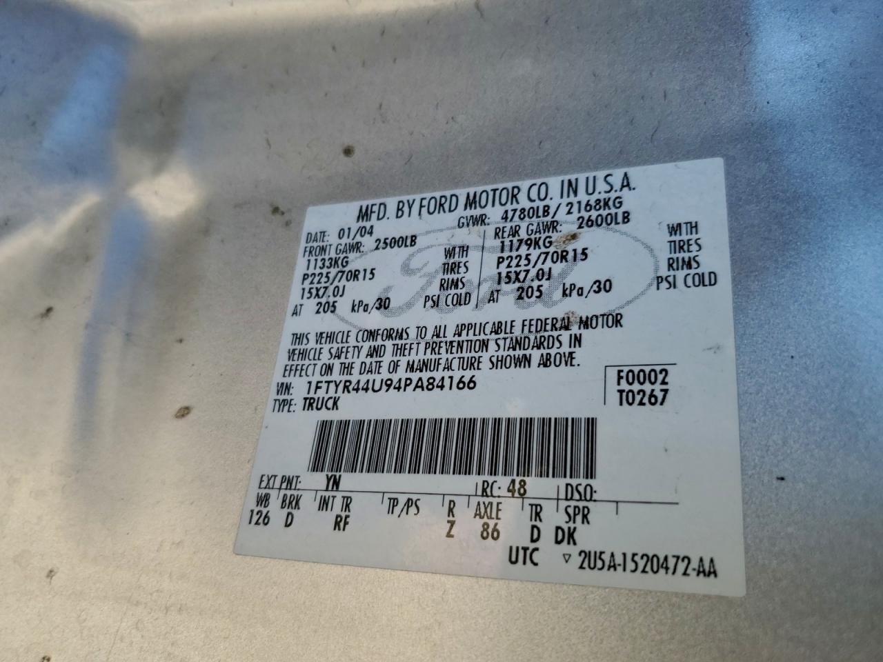 2004 Ford Ranger Super Cab VIN: 1FTYR44U94PA84166 Lot: 94366655