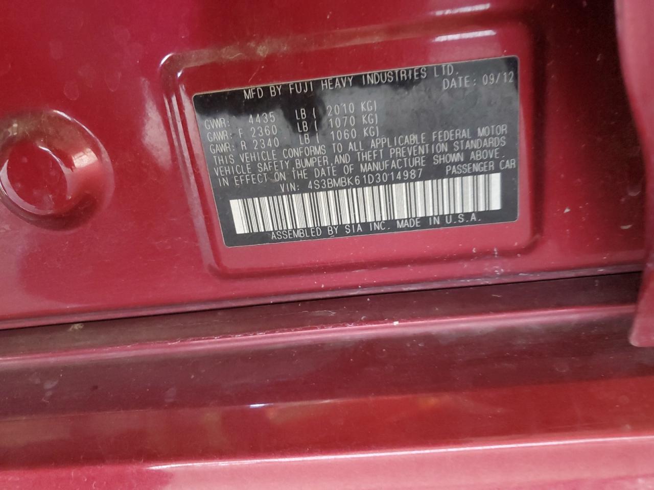 2013 Subaru Legacy 2.5I Limited VIN: 4S3BMBK61D3014987 Lot: 91863715