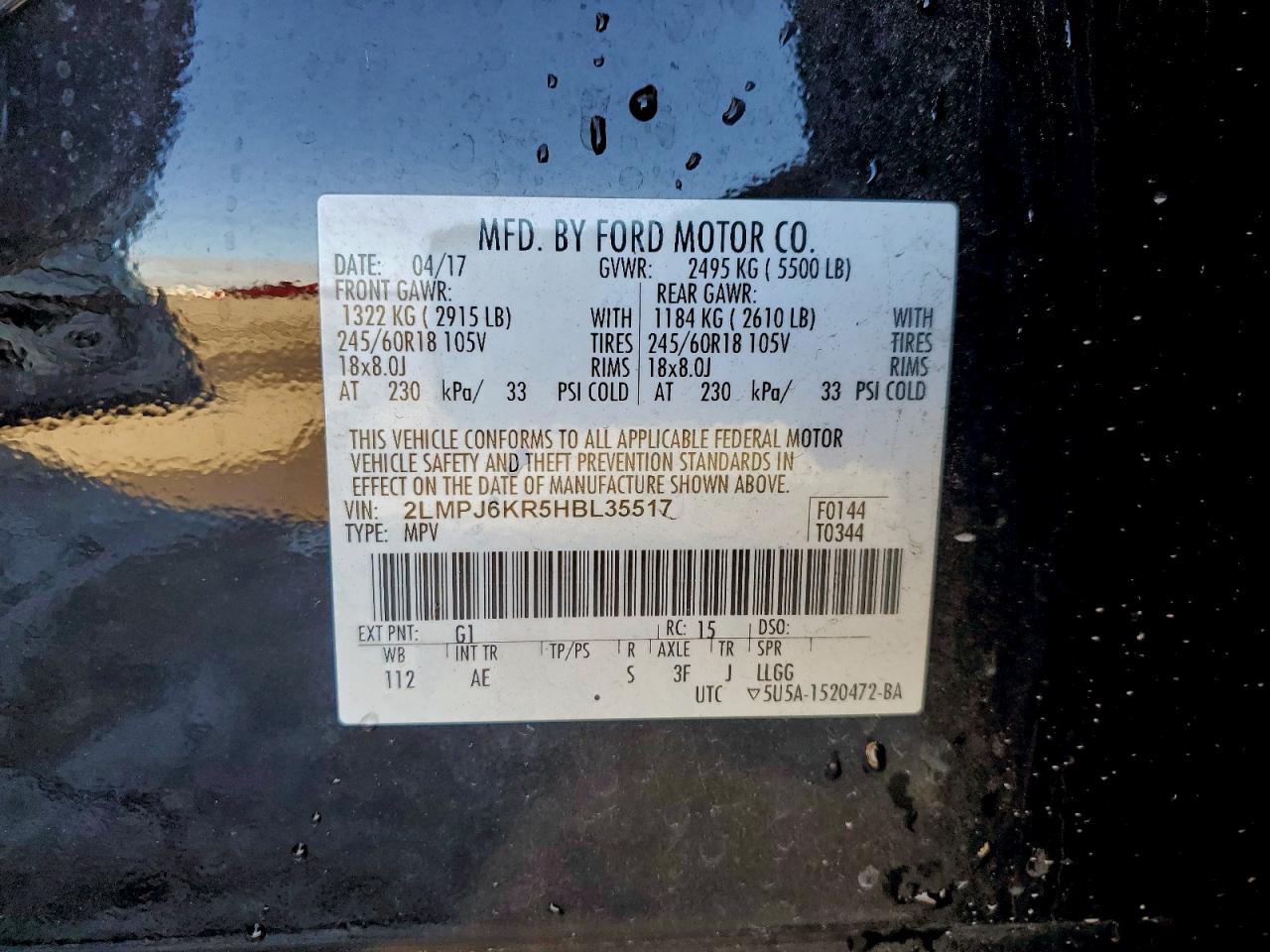 2017 Lincoln Mkx Select VIN: 2LMPJ6KR5HBL35517 Lot: 94254515