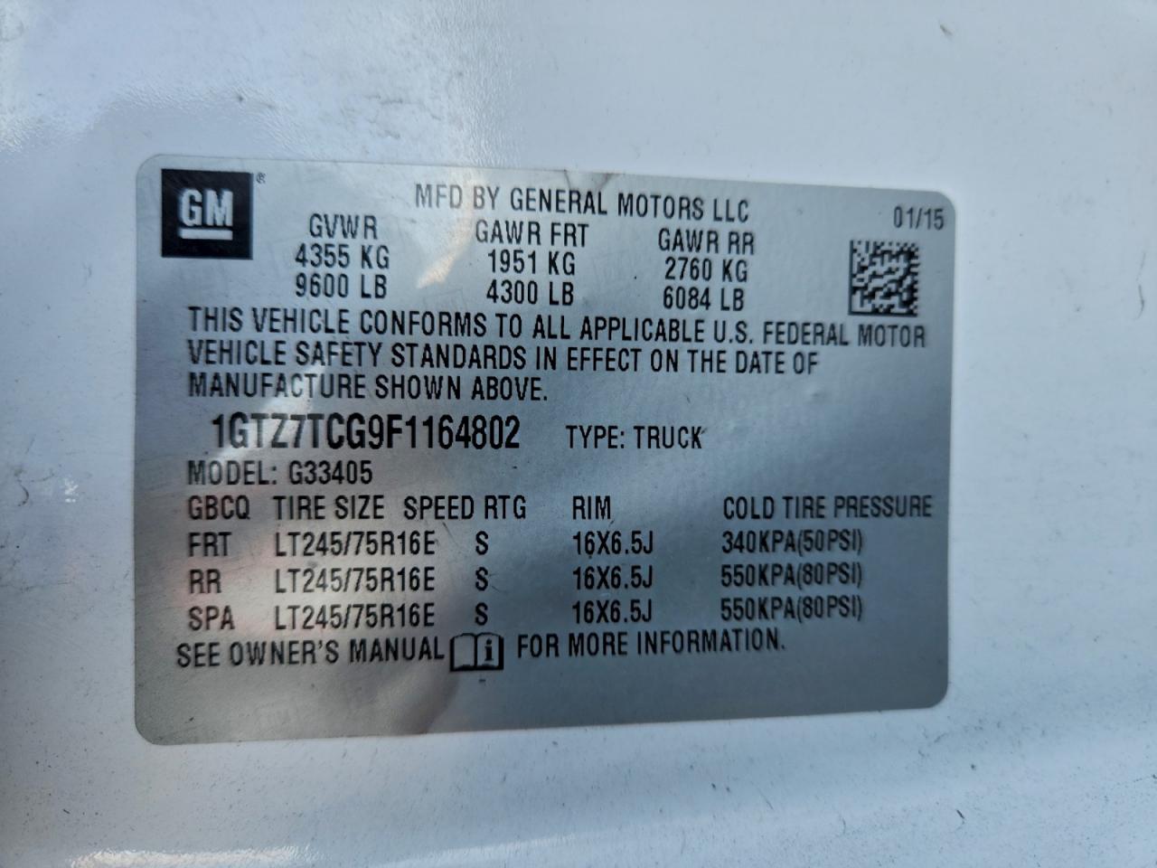 2015 GMC Savana G3500 VIN: 1GTZ7TCG9F1164802 Lot: 92902015