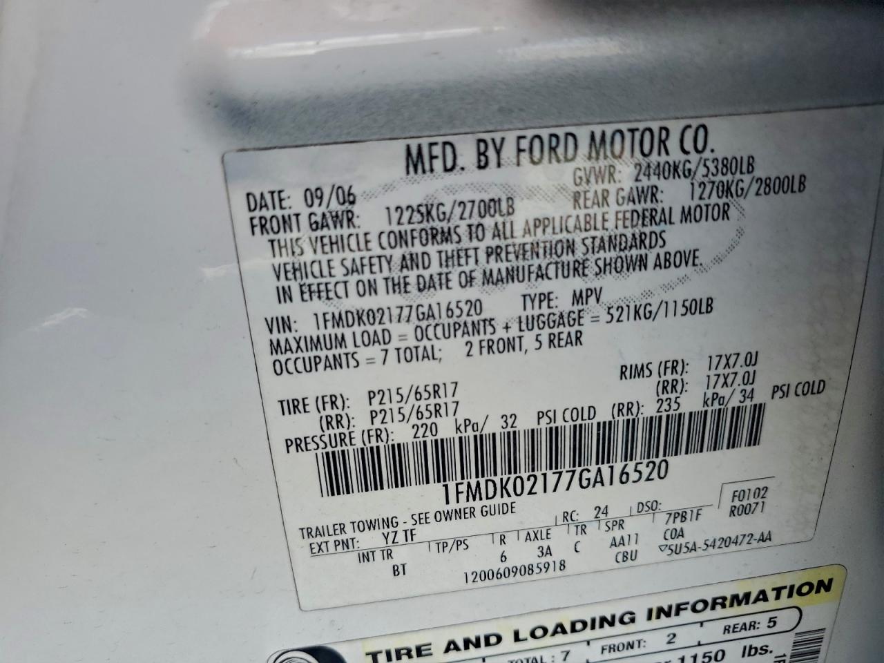 2007 Ford Freestyle Sel VIN: 1FMDK02177GA16520 Lot: 94053345