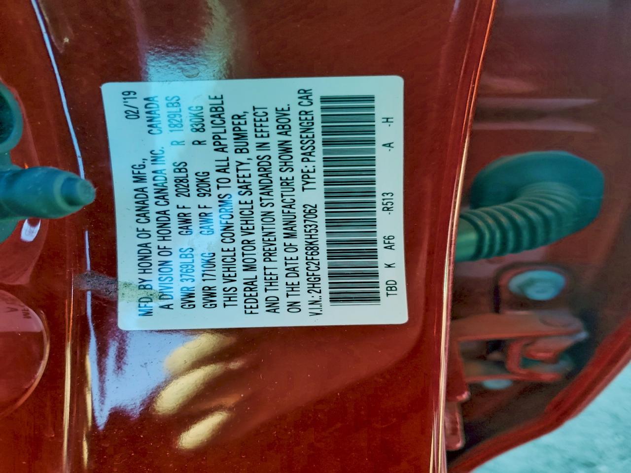 2019 Honda Civic Lx VIN: 2HGFC2F68KH537062 Lot: 94507465