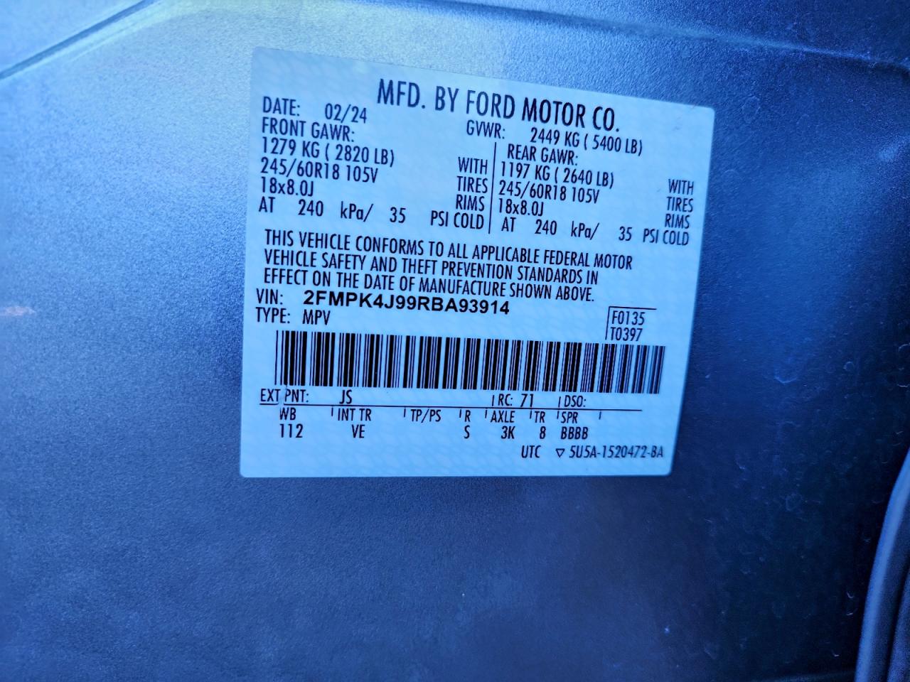 2024 Ford Edge Sel VIN: 2FMPK4J99RBA93914 Lot: 93463765