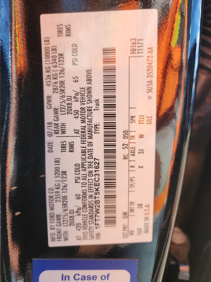 2019 Ford F250 Super Duty VIN: 1FT7W2BT5KEC31627 Lot: 91696795