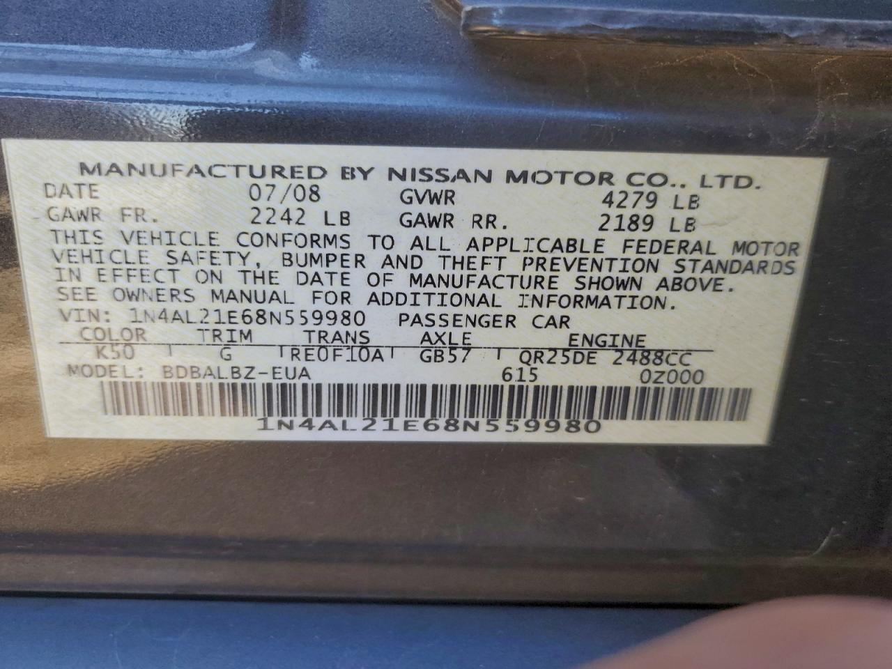 2008 Nissan Altima 2.5 VIN: 1N4AL21E68N559980 Lot: 94714325