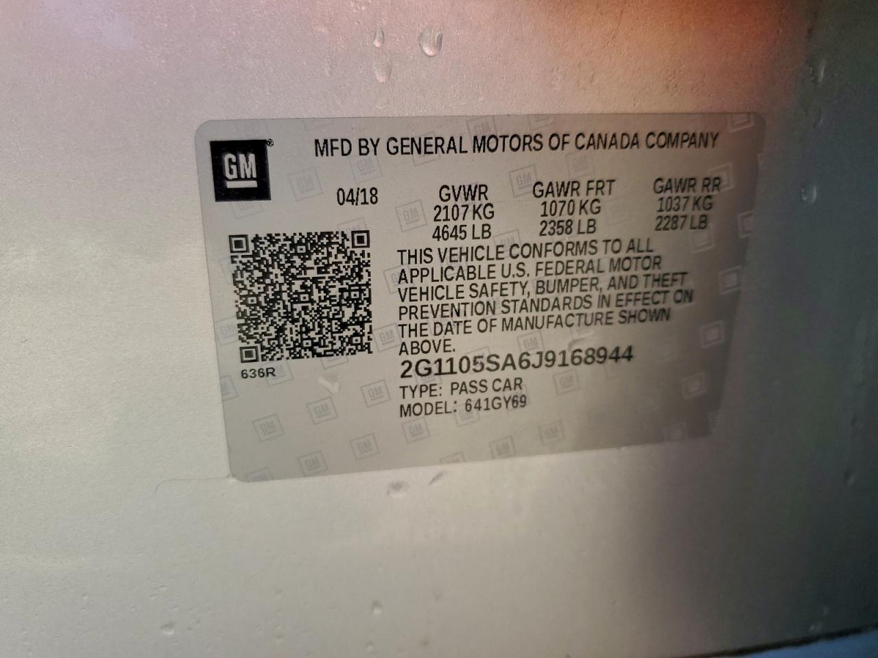 2018 Chevrolet Impala Lt VIN: 2G1105SA6J9168944 Lot: 94086415