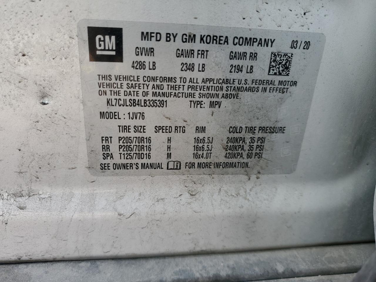 2020 Chevrolet Trax 1Lt VIN: KL7CJLSB4LB335391 Lot: 92348325