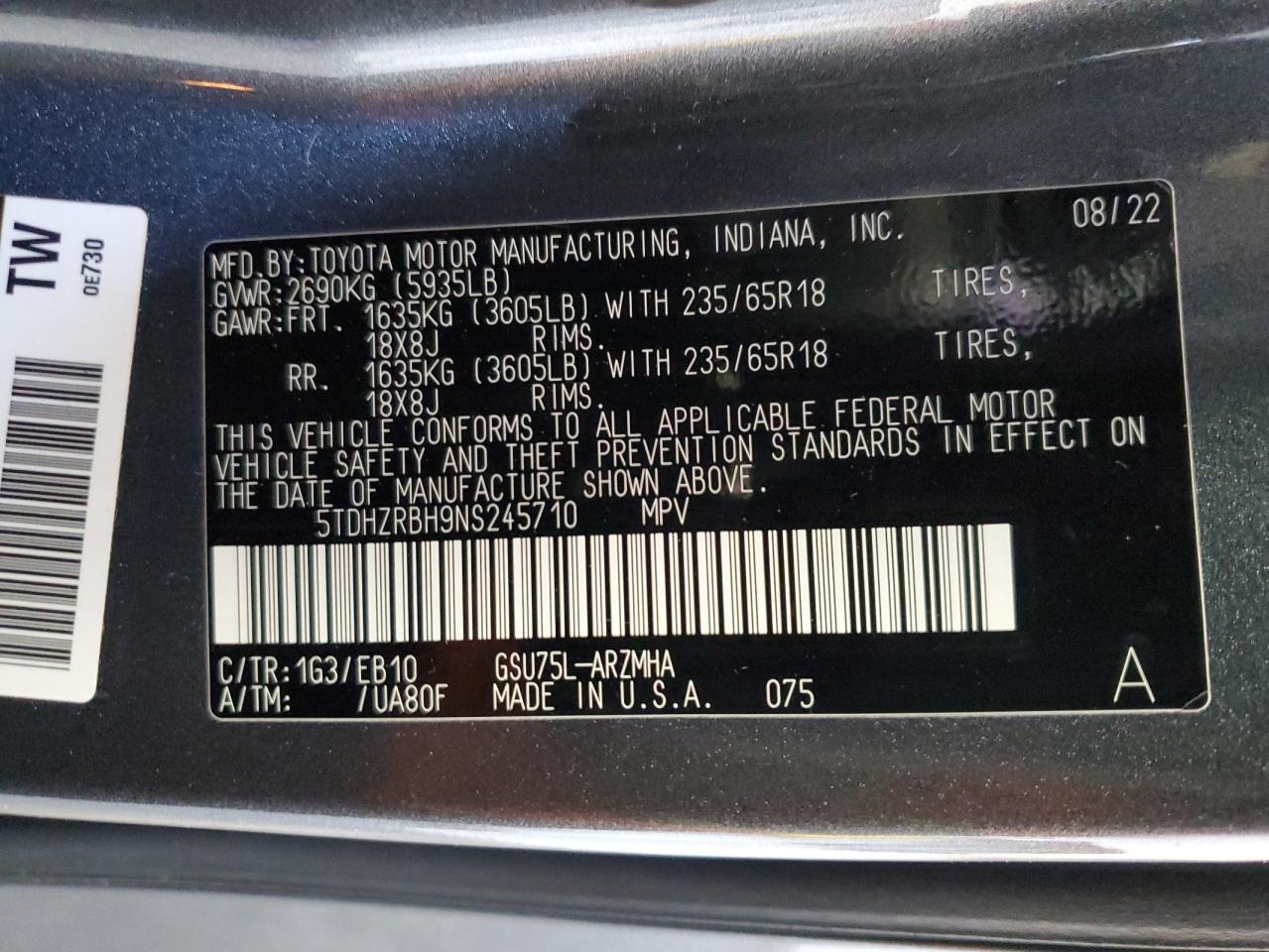 2022 Toyota Highlander Xle VIN: 5TDHZRBH9NS245710 Lot: 93304075