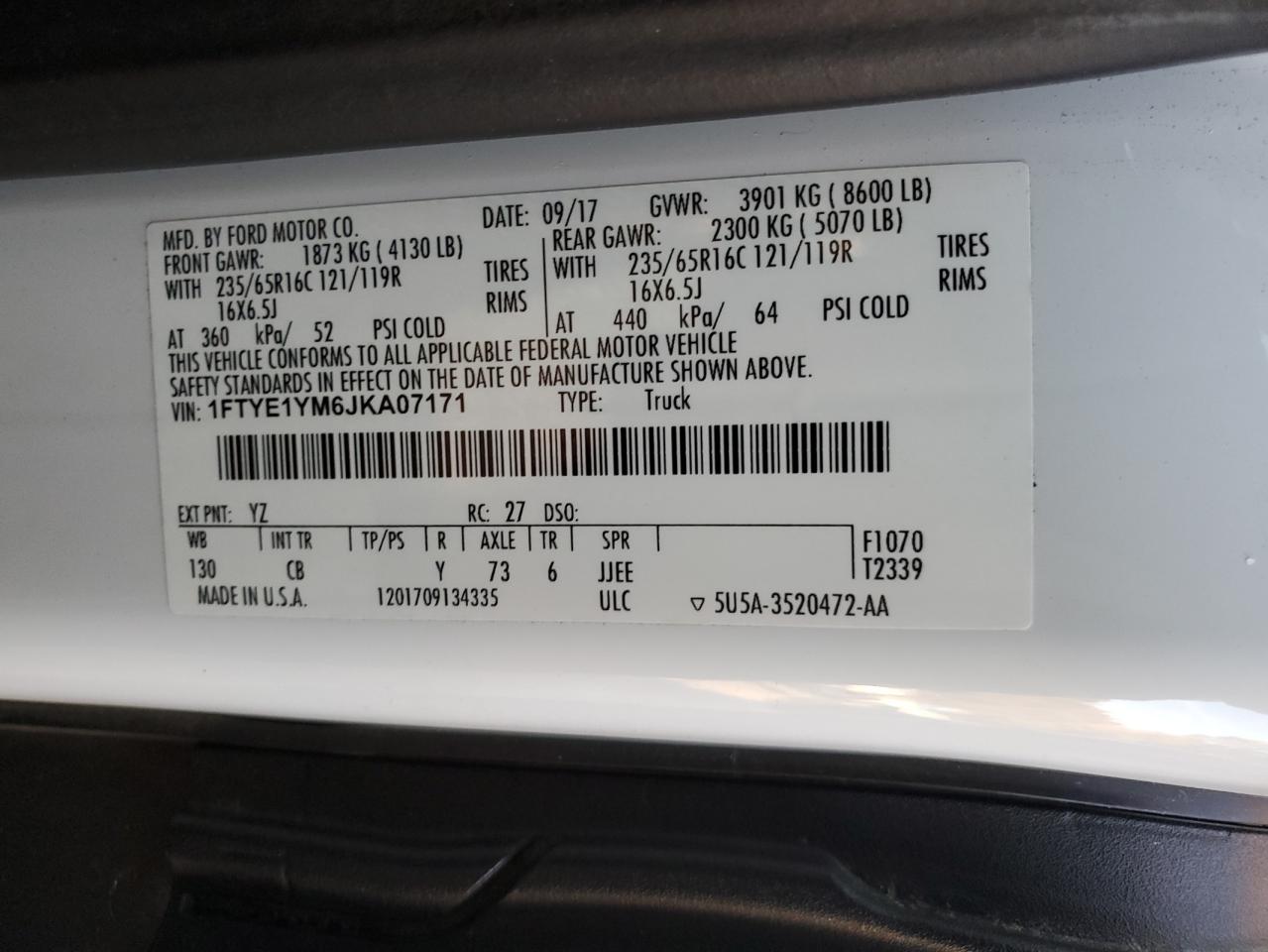 2018 Ford Transit 150 VIN: 1FTYE1YM6JKA07171 Lot: 91193665