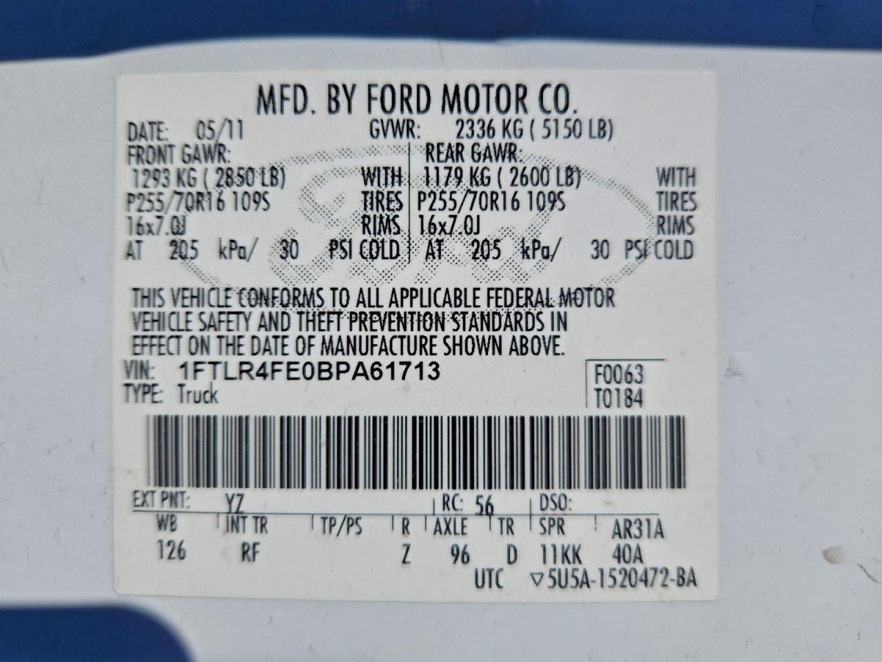 2011 Ford Ranger Super Cab VIN: 1FTLR4FE0BPA61713 Lot: 93750185