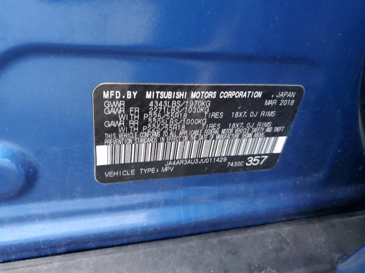 2018 Mitsubishi Outlander Sport Es VIN: JA4AR3AU3JU011429 Lot: 93236485