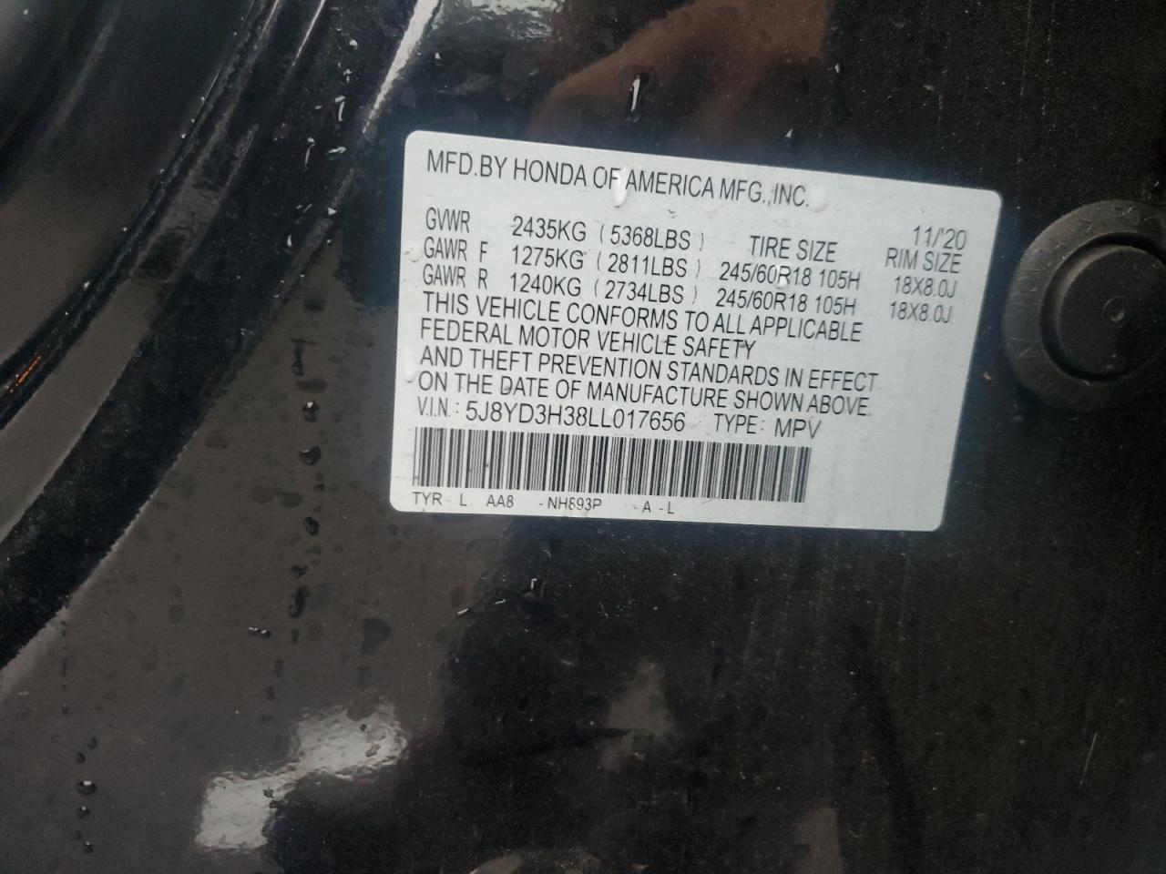 2020 Acura Mdx VIN: 5J8YD3H38LL017656 Lot: 93080985