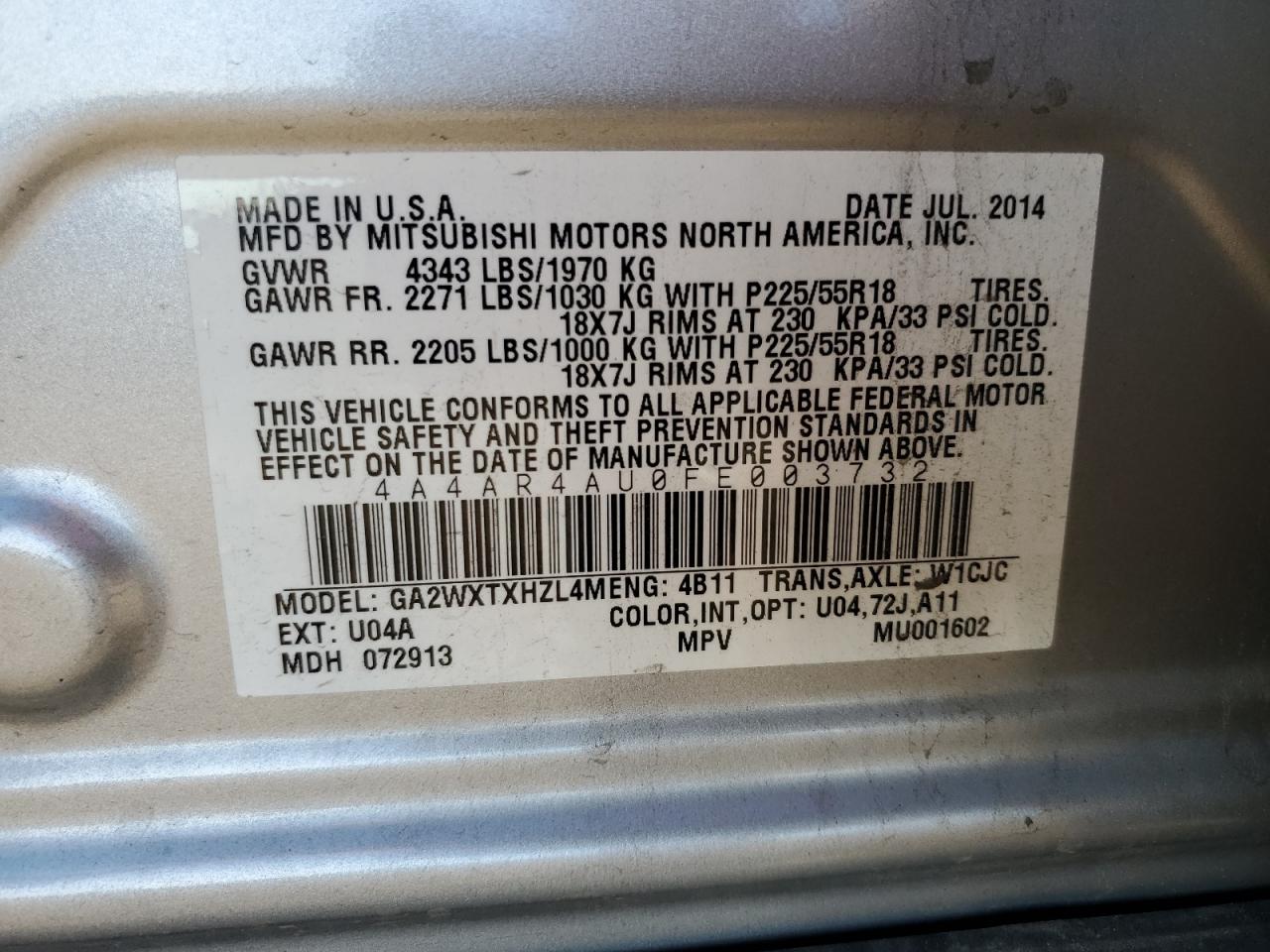 2015 Mitsubishi Outlander Sport Se VIN: 4A4AR4AU0FE003732 Lot: 90926375