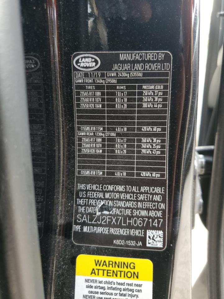 2020 Land Rover Range Rover Evoque S VIN: SALZJ2FX7LH067147 Lot: 93346015