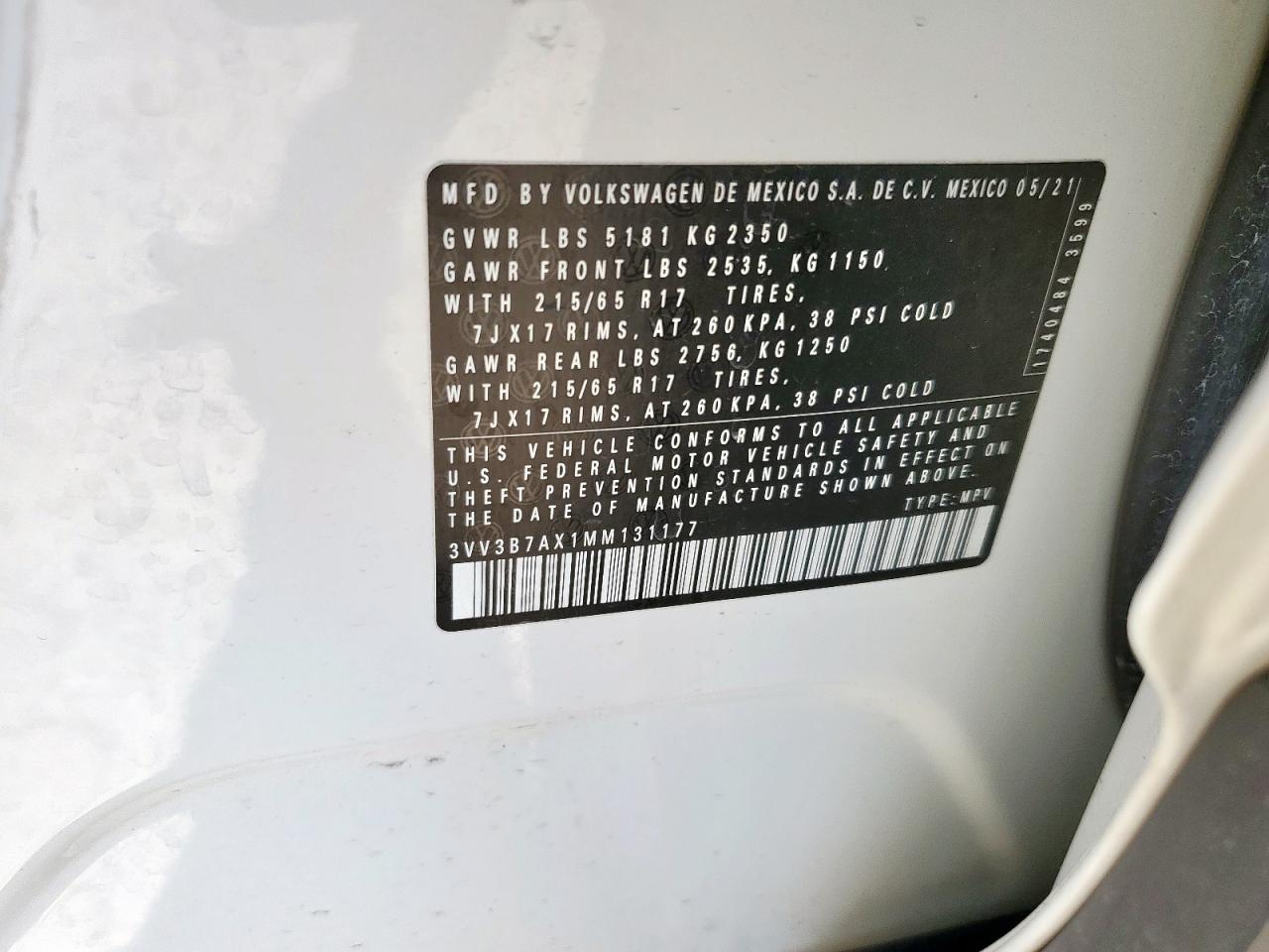 2021 Volkswagen Tiguan Se VIN: 3VV3B7AX1MM131177 Lot: 91513575