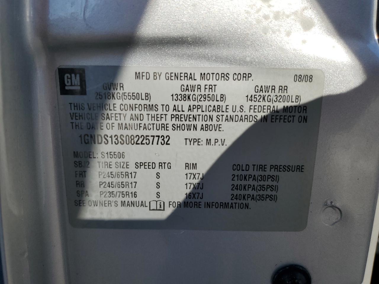 2008 Chevrolet Trailblazer Ls VIN: 1GNDS13S082257732 Lot: 93742765