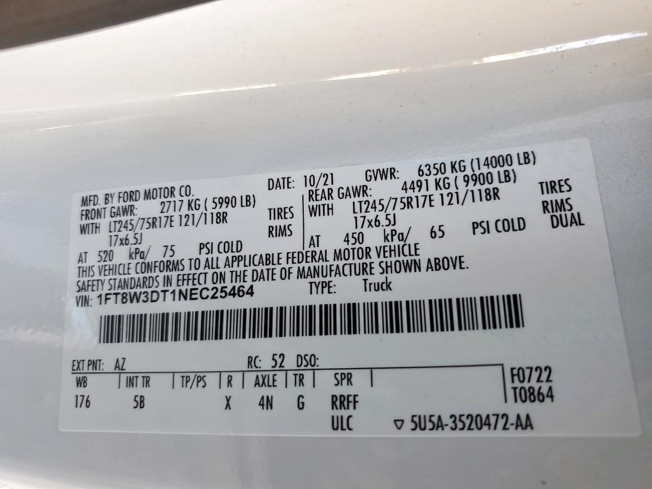 2022 Ford F350 Super Duty VIN: 1FT8W3DT1NEC25464 Lot: 91832865