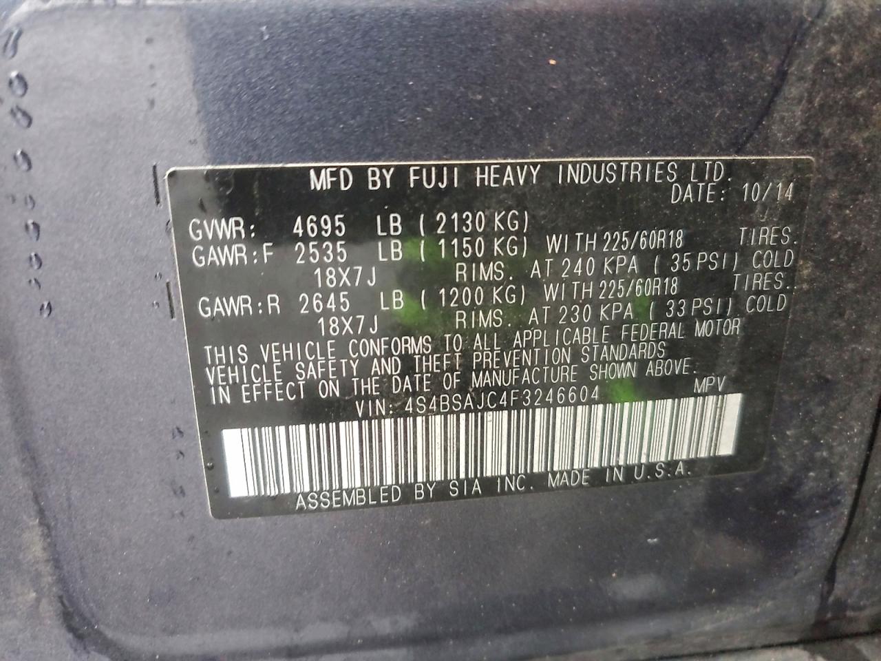 2015 Subaru Outback 2.5I Limited VIN: 4S4BSAJC4F3246604 Lot: 94596095