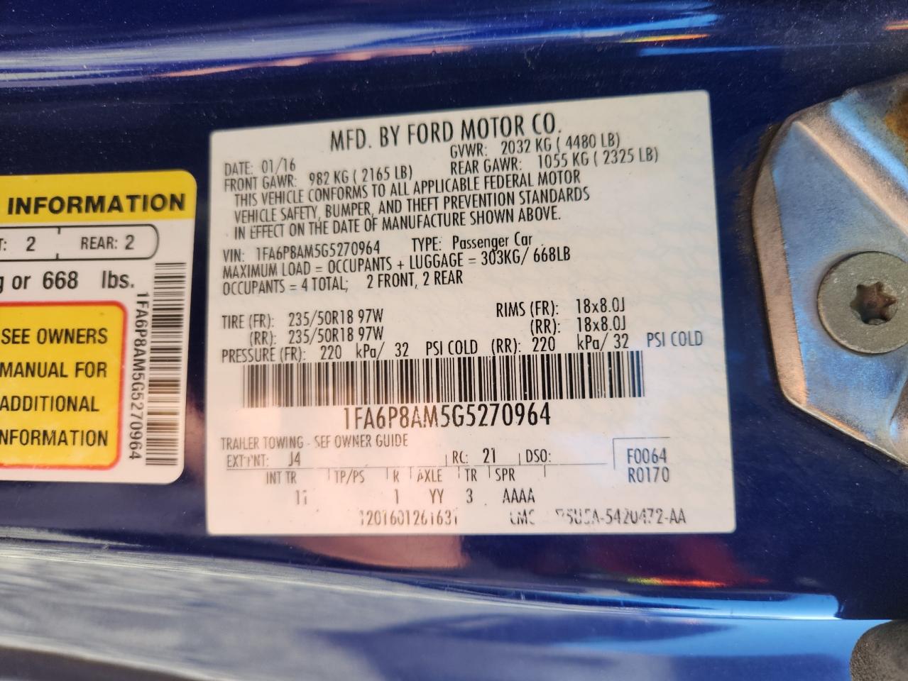 2016 Ford Mustang VIN: 1FA6P8AM5G5270964 Lot: 85394995