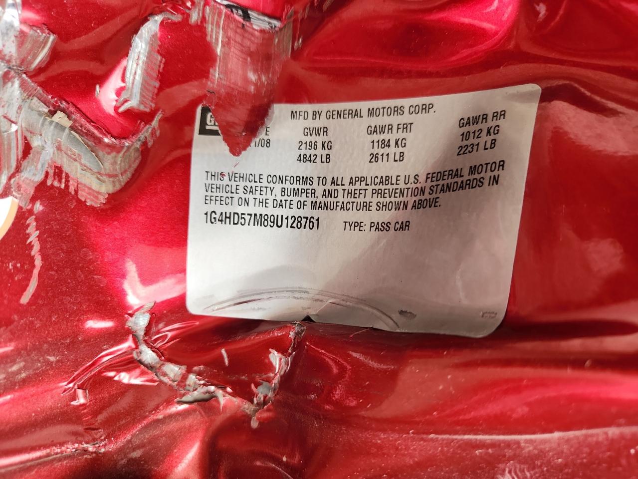 2009 Buick Lucerne Cxl VIN: 1G4HD57M89U128761 Lot: 91576195