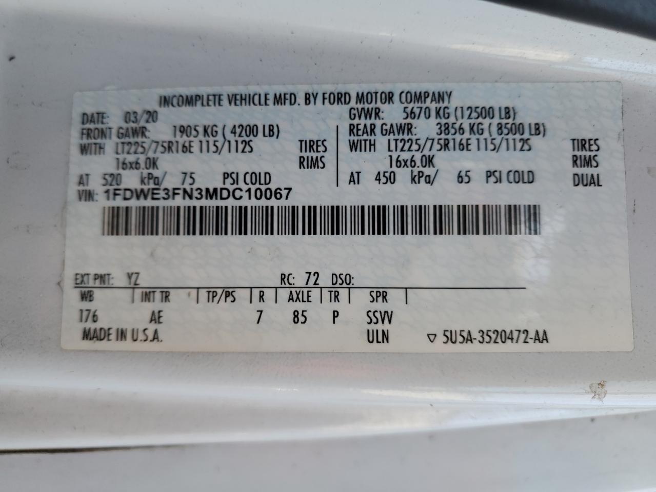 2021 Ford E350 Box Truck VIN: 1FDWE3FN3MDC10067 Lot: 92086275