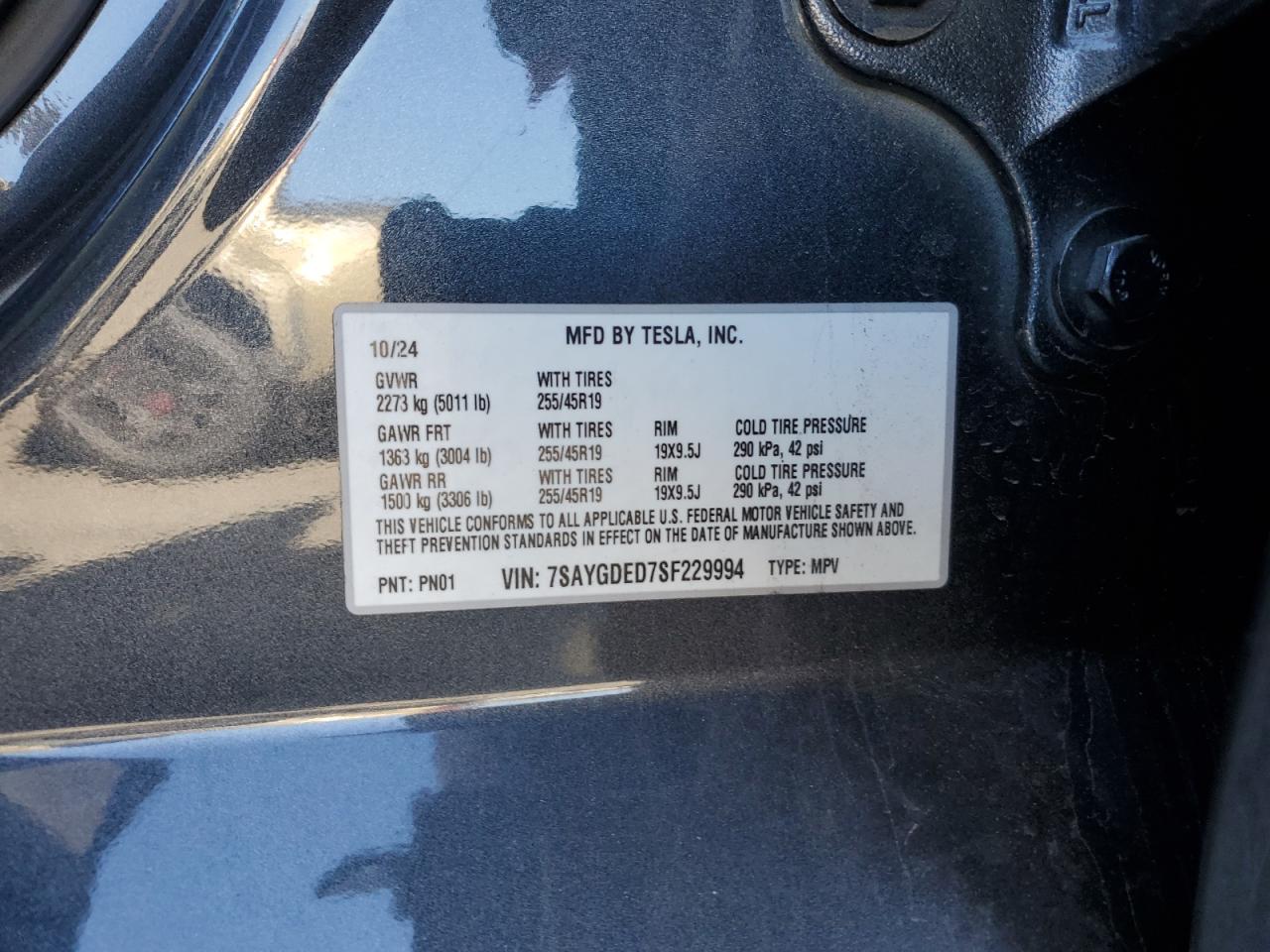 2025 Tesla Model Y VIN: 7SAYGDED7SF229994 Lot: 91842785