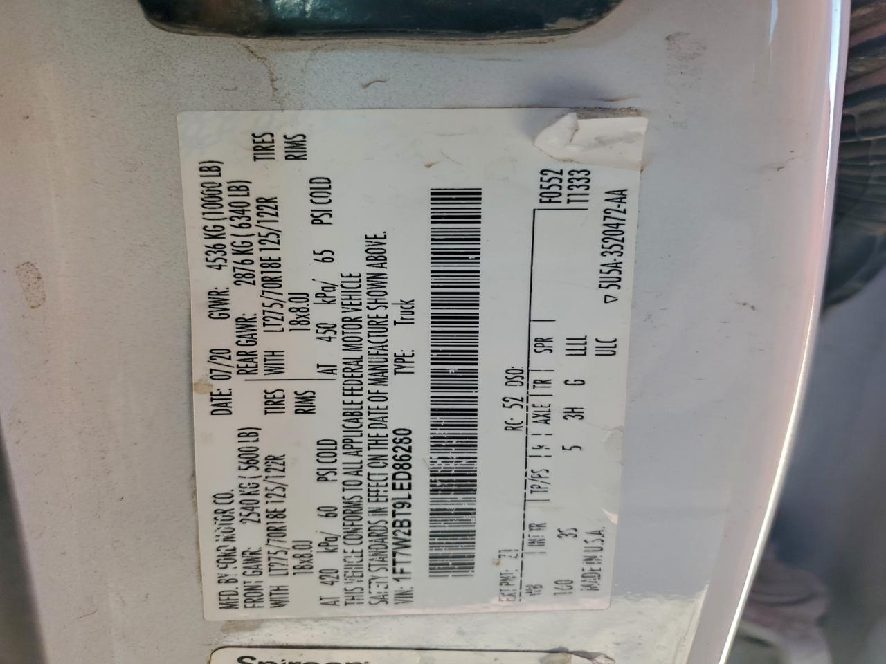 2020 Ford F250 Super Duty VIN: 1FT7W2BT9LED86280 Lot: 94652785