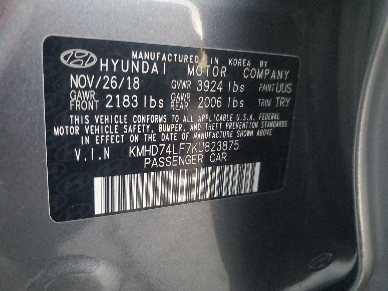 2019 Hyundai Elantra Se VIN: KMHD74LF7KU823875 Lot: 93555305