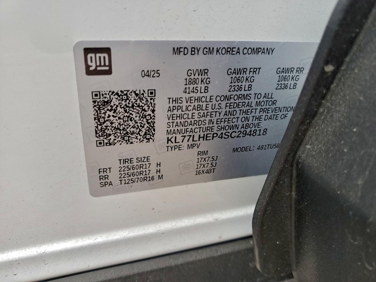 2025 Chevrolet Trax 1Lt VIN: KL77LHEP4SC294818 Lot: 94665095