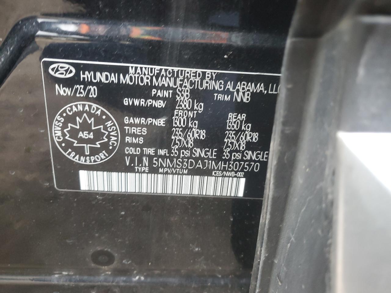 2021 Hyundai Santa Fe Sel VIN: 5NMS3DAJ1MH307570 Lot: 91777515