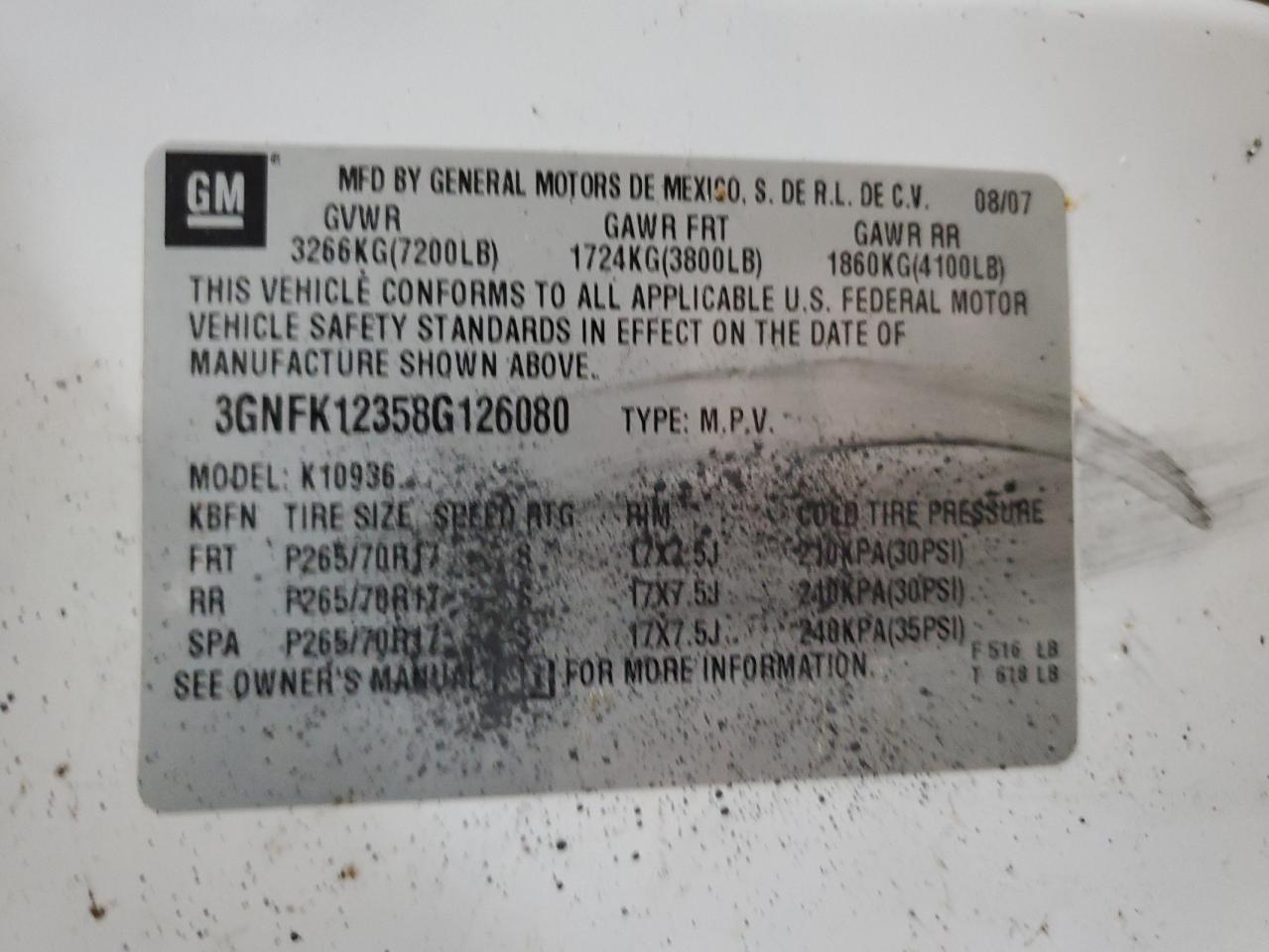 2008 Chevrolet Avalanche K1500 VIN: 3GNFK12358G126080 Lot: 93745375